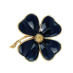 Vintage Four Leaf Clover Brooch Gold Tone Navy Blue Enamel Lucky Shamrock Pin Gi